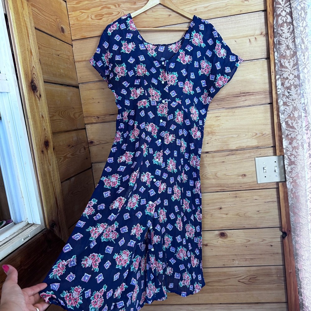 Vintage Duster Dress Women Large Navy Blue Floral Sheer Chiffon 90s Grunge Retro